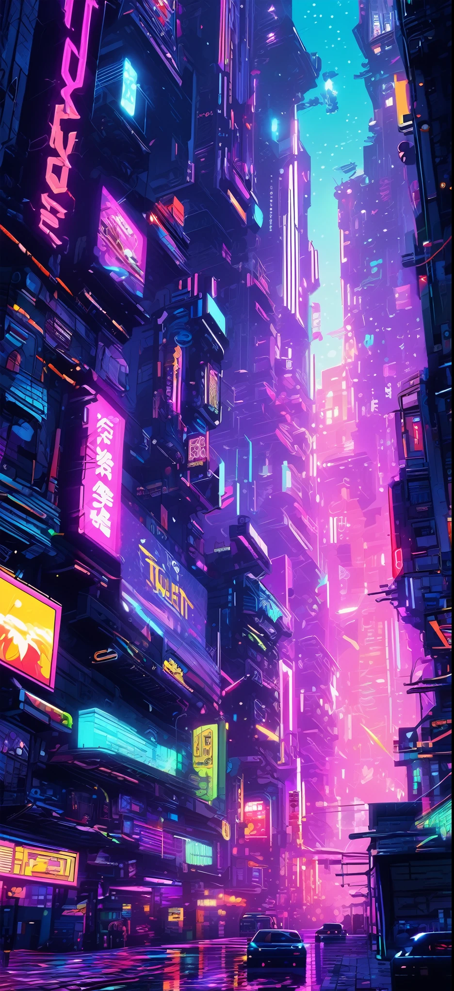 Create an 8-bit style cyberpunk cityscape. The scene features neon-lit skyscrapers with flickering signs in various colors, flying cars zooming through the sky, and crowded streets filled with pixelated characters in futuristic attire. The atmosphere is vibrant and bustling, with a mix of dark alleyways and brightly lit storefronts. The background showcases a sprawling city with towering buildings, holographic advertisements, and a night sky with a digital moon. The overall style should evoke classic 8-bit video game aesthetics, with pixel art detail and a retro-futuristic vibe. Vibrant colors, pixelated textures, and a sense of dynamic action and energy.