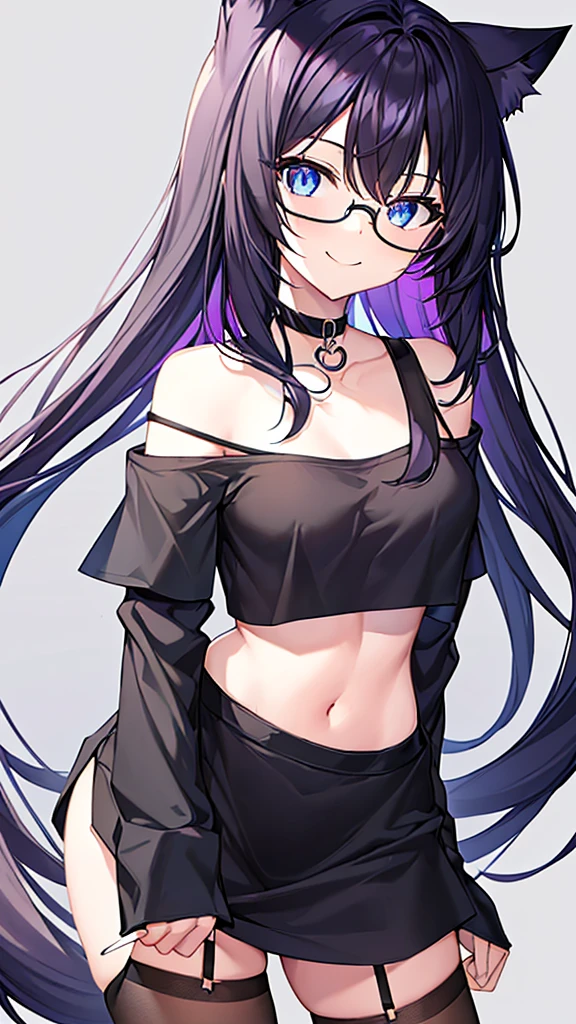 An 18-year-old cat girl with long black hair with purple ends, blue eyes, chest, and round-shaped glasses. (Black T shirt , black crop top shirt, Black off-the-shoulder shirt, Cat pattern in the middle of the shirt), short black skirt, black panties, standing, looking down, Smiling brightly