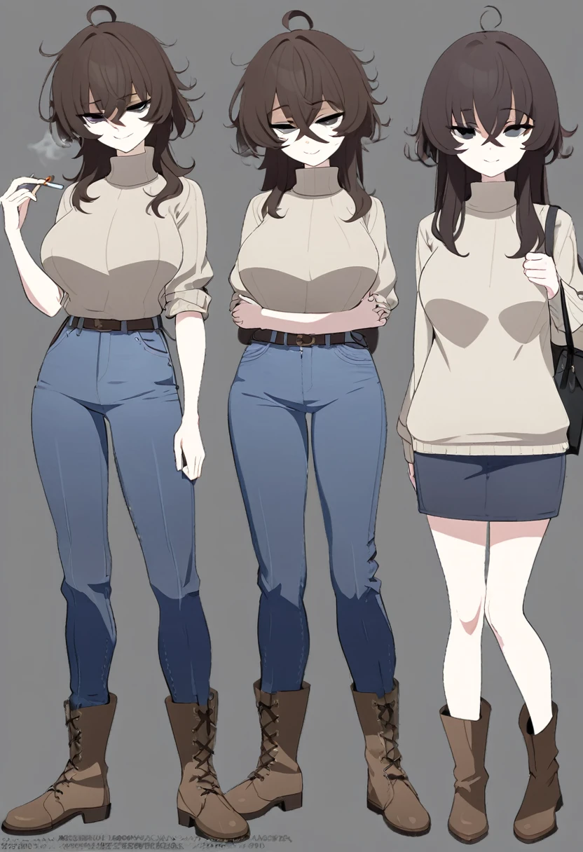 One Woman,Downer,older sister,Concept Art,Dark brown hair,Straight hair with slight inward curls,Staring eyes,Eye Ridge,black eye,Crossed bangs,whole body,smile,Larger breasts,Gray background,Bangs that reach down to the eyes,Messy hair,Tight dark blue jeans,Light brown turtleneck sweater,Multiple views of the same character,Character Design,Dark circles under the eyes,Bad look,Listless,Sloppy,accessories,Cafe staff,Holding a cigarette,whole bodyCharacter Design,Detailed hands,Height: 170cm,boots,