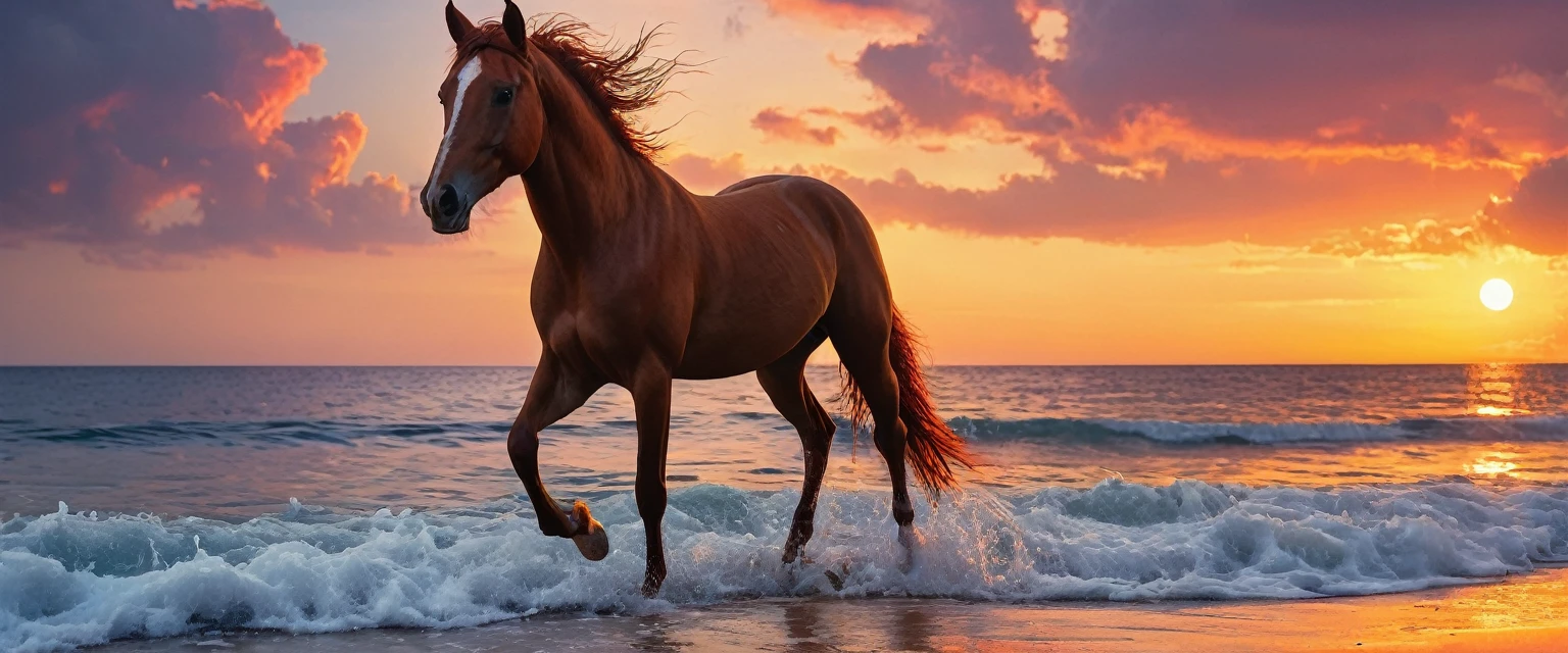 (best quality,4k,8k,highres,masterpiece:1.2),ultra-detailed,(realistic,photorealistic,photo-realistic:1.37),HDR,UHD,studio lighting,ultra-fine painting,sharp focus,physically-based rendering,extreme detail description,professional,vivid colors,landscape,photography,running horse,beautiful A beautiful 40 year old red head girl, high-ponytail Hairstyle, she is walking on the beach naked, she is smiling showing teeth, A beautiful tropical island, warm sunset,  red clouds, golden reflexions on the sea,waves breaking on a reef, a small blue moon is above,
