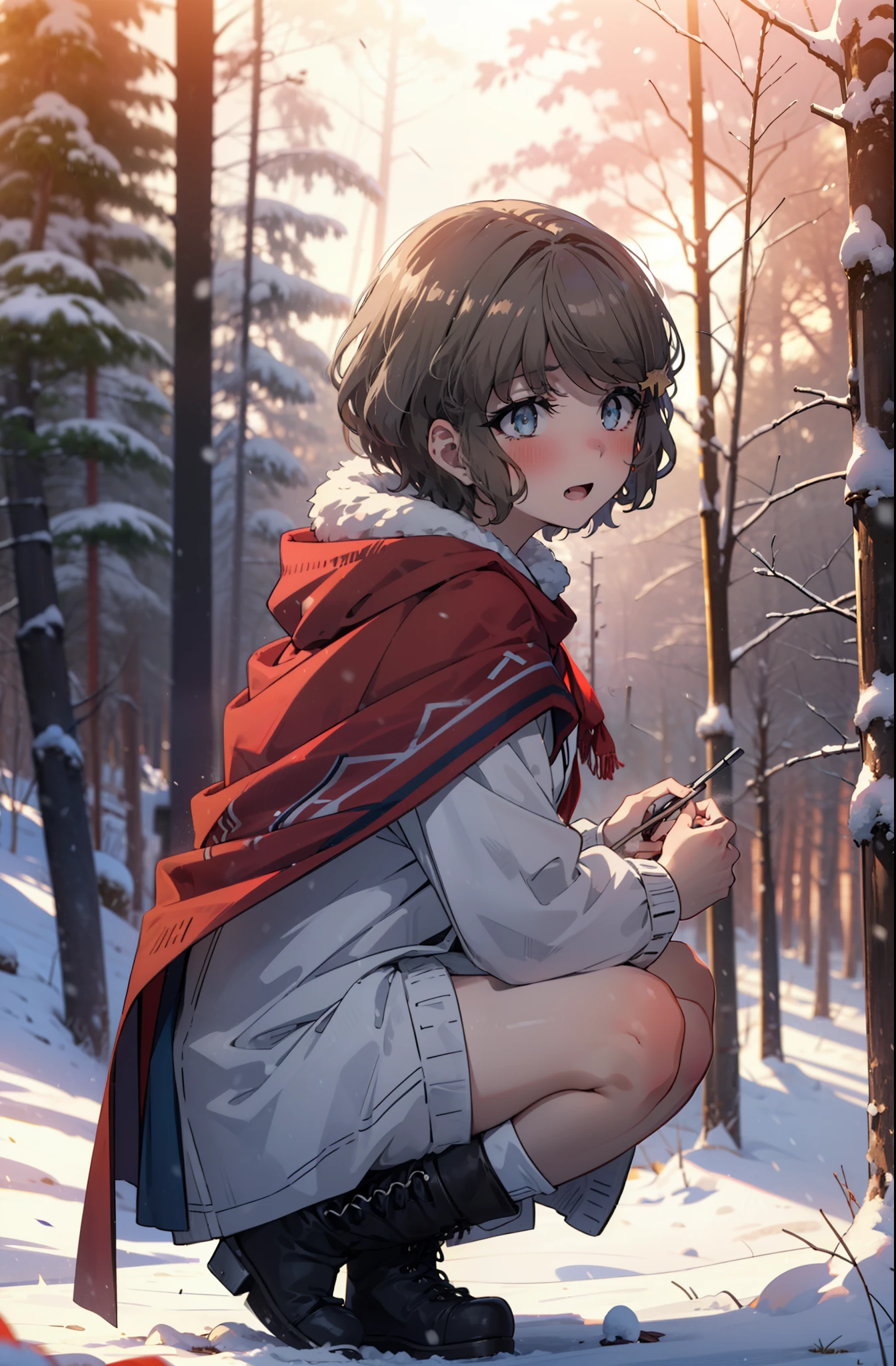 tomoekoga, Chie Koga, short hair, Brown Hair, blue eyes, hair band,smile,blush,White Breath,Mid-chest,
Open your mouth,snow,Ground bonfire, Outdoor, boots, snowing, From the side, wood, suitcase, Cape, Blurred, having meal, forest, White handbag, nature, Squat, Mouth closed, Cape, winter, Written boundary depth, Black shoes, red Cape break looking at viewer, Upper Body, whole body, break Outdoor, forest, nature, break (masterpiece:1.2), highest quality, High resolution, unity 8k wallpaper, (shape:0.8), (Beautiful and beautiful eyes:1.6), Highly detailed face, Perfect lighting, Highly detailed CG, (Perfect hands, Perfect Anatomy),