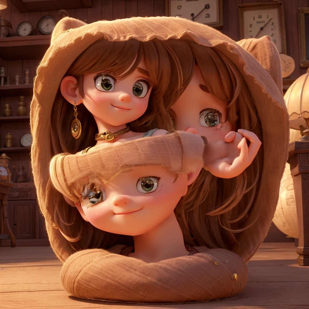 Impressive ultra-high resolution 3D scene, showing off a girl., Little, Darling, looks straight into the camera, in an antique store. Beautifully drawn to the smallest detail, apparently, how there is an old watch on a chain in the background. Making a Dreamer, Magic effect. The general atmosphere is soft, Full of hope and calm