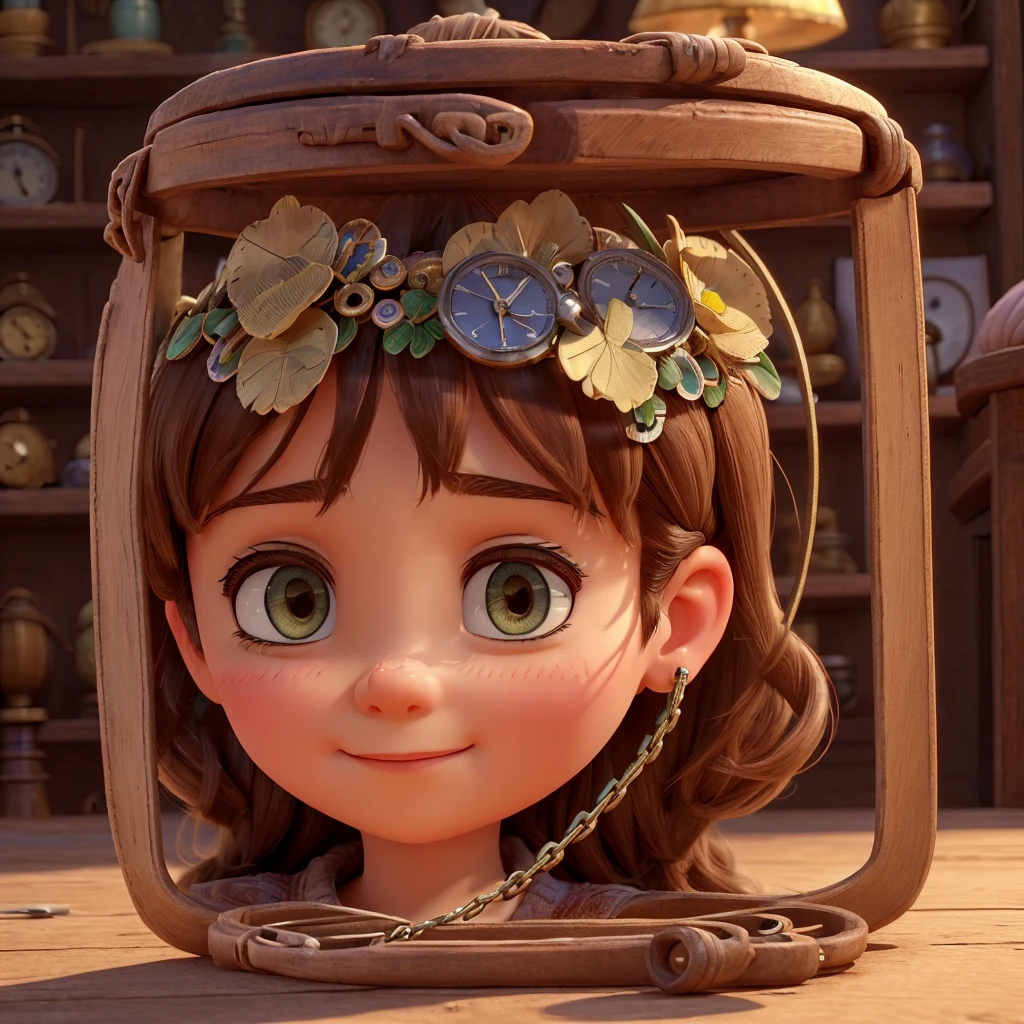 Impressive ultra-high resolution 3D scene, showing off a girl., Little, Darling, looks straight into the camera, in an antique store. Beautifully drawn to the smallest detail, apparently, how there is an old watch on a chain in the background. Making a Dreamer, Magic effect. The general atmosphere is soft, Full of hope and calm