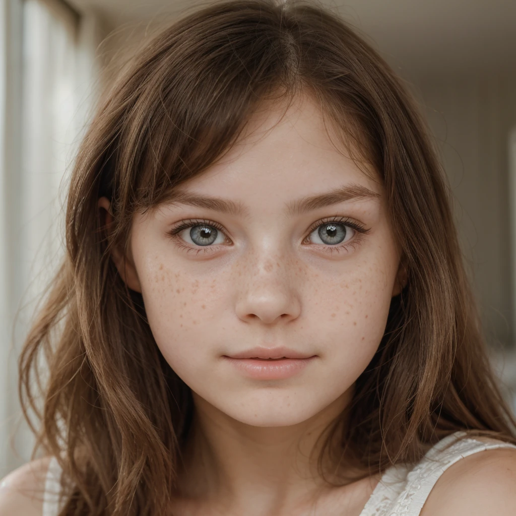 A portrait of a cute 18-year-old girl who looks both cute and gorgeous with an innocent expression. She has freckles, small lips, and big, expressive eyes. Her hair is long, framing her face perfectly. Her complexion is soft and glowing, enhancing her youthful and innocent look. The background is softly blurred to keep the focus on her charming features.