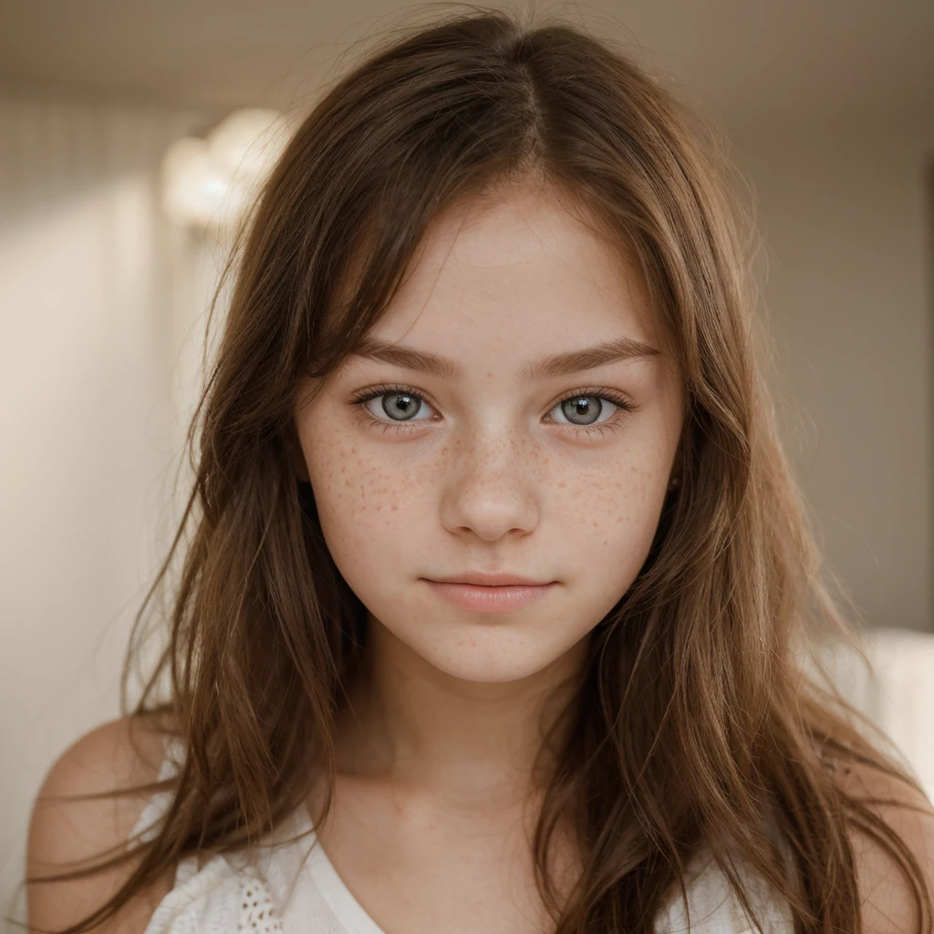 A portrait of a cute 18-year-old girl who looks both cute and gorgeous with an innocent expression. She has freckles, small lips, and big, expressive eyes. Her hair is long, framing her face perfectly. Her complexion is soft and glowing, enhancing her youthful and innocent look. The background is softly blurred to keep the focus on her charming features.