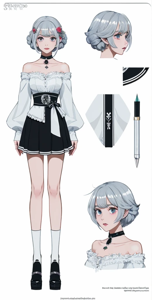 ((Masterpiece)), (highest quality))), (Character design sheet, national costume, same character, front, side, back), illustration, 1 girl, full body, silver hair, eye hair, beautiful eyes, princess cut, environmental change scene, short skirt, shyness, woman, girl, standing, goth , V-tuber, chartaan betarola, (simple background, white background: 1.3) ( Masterpiece:1.2), (Best Quality:1.3),(hyper realistic:1.35).
