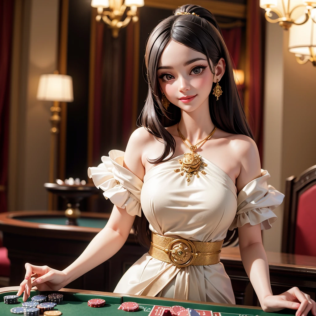 one girl, luxurious casino, elegant, opulent, card table, rich people, people playing cards in background, croupier, customer service, wearing thailand traditional dress, poker table, happy pretty smile, flirting you, loooking at you, in the middle thinking of you