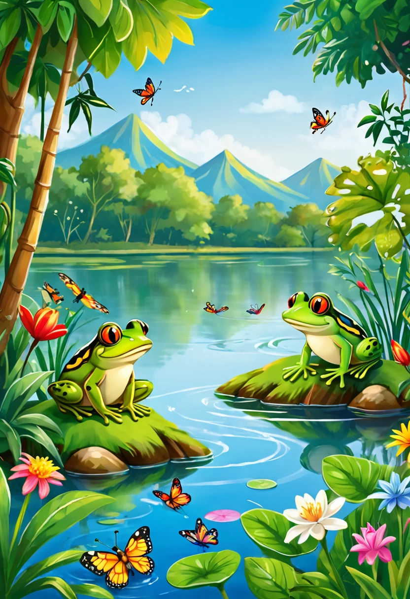 Draw a quiet lake., Surrounded by lush and colorful plants.. On one side, A small frog is sitting., happy and satisfied. Around the lake, There are other friendly animals such as singing birds., Butterflies dance and dragonflies buzz.. Create magical and enchanting scenes that will delight children. Go into a world of imagination and adventure.!  