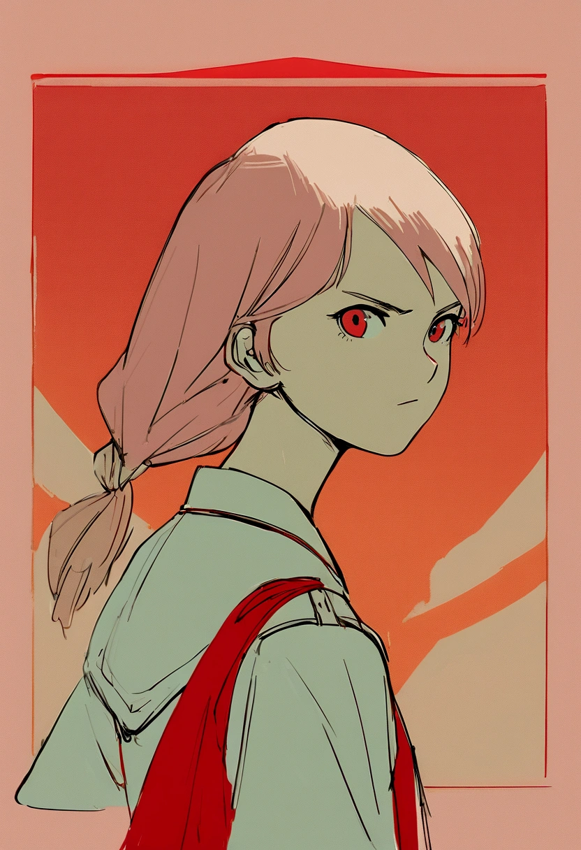 (superflat, flat shading, flat colors:1.1), (soviet propaganda poster),  young teenl, slim, , red swimsuit, serious, red sunset, communist revolution, bolsheviks, red banners, volumetric lighting, soft light, bright, colorful, sketch