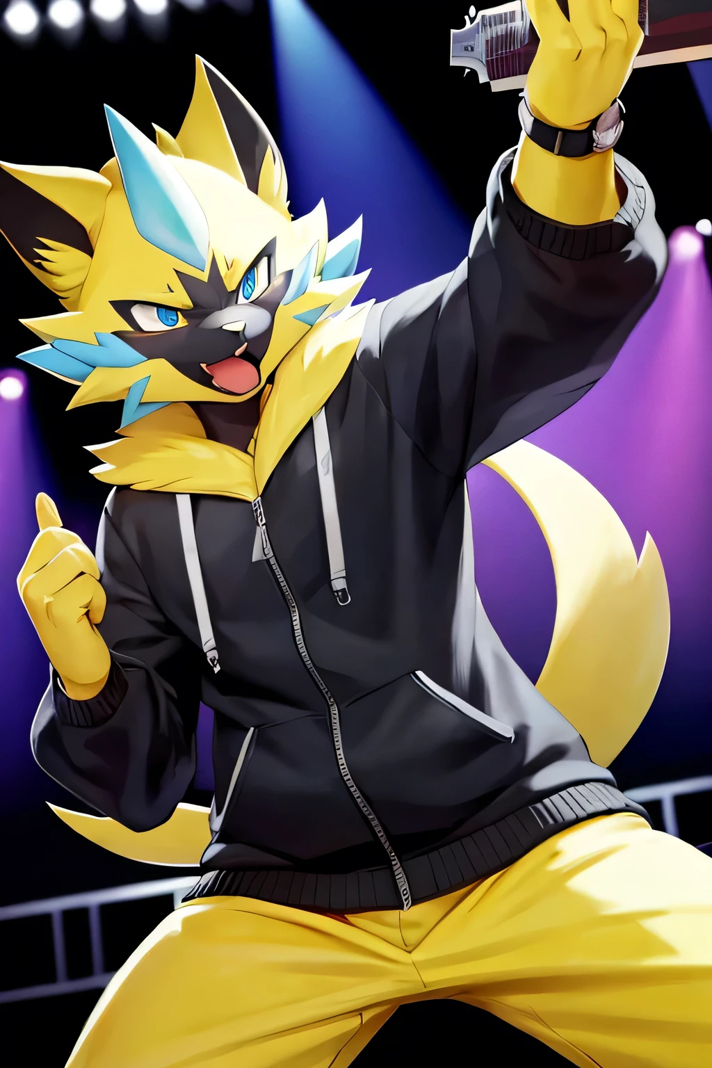 zeraora, playing guitar, screaming, night time, has a black blue snow jacket on, black baggy sweat pants, on stage, ((black outline style))