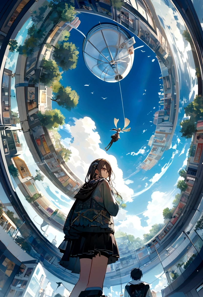A stylish Asian Chinese Teenage Girl, A stylish Muslim Teenage Girl, A stylish Indian Teenage Boy, 3 of them ride on a flying machine in the sky, passing through cloud, flying down to a shopping mall with spotlight shooting up in the forest,  bird view perspective, all wearing stylish outfit.