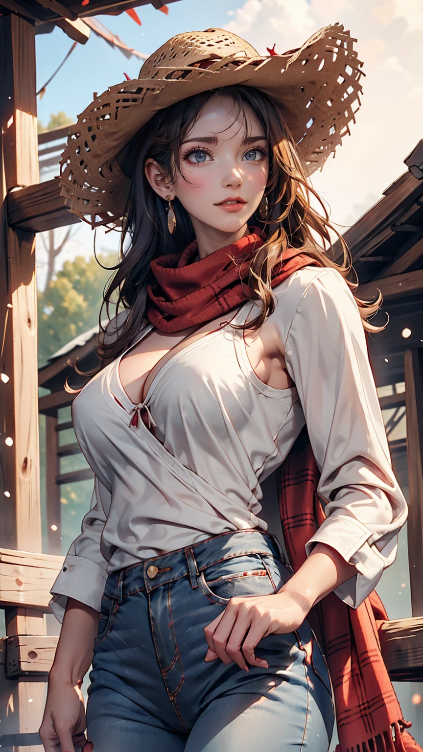 24 year old Caucasian female、Sexy proportions、Narrow waist、slender、Cowgirl、Wrap a red scarf around your neck、wear skinny jeans、Wear a checked long-sleeved shirt、On a ranch in the Midwest、Dairy Cow Background、Wearing a cowboy hat、Cowboy Shot