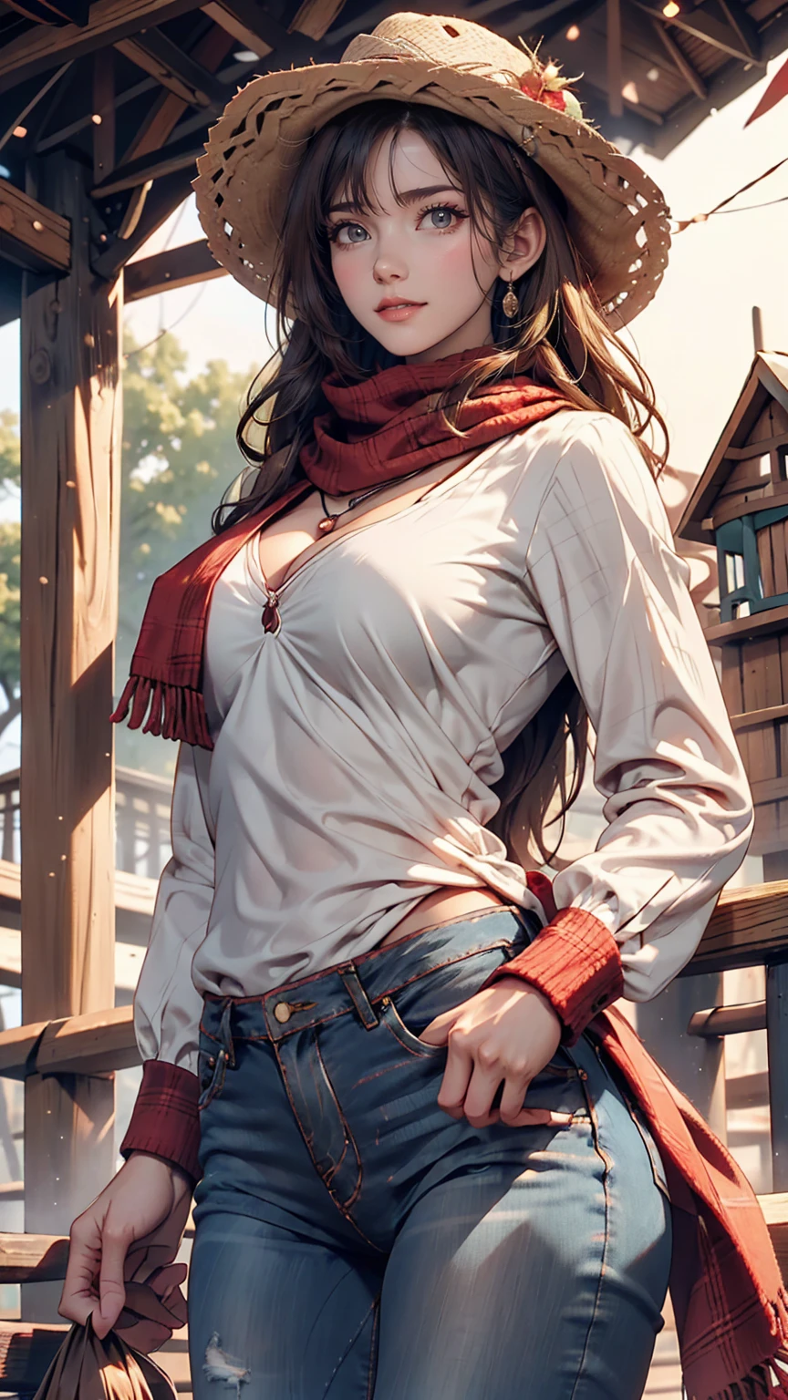 24 year old Caucasian female、Sexy proportions、Narrow waist、slender、Cowgirl、Wrap a red scarf around your neck、wear skinny jeans、Wear a checked long-sleeved shirt、On a ranch in the Midwest、Dairy Cow Background、Wearing a cowboy hat、Cowboy Shot