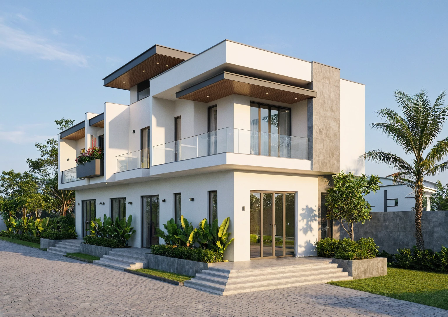 Masterpiece, high quality, best quality, authentic, super detail, outdoors, onestoreyvillaXL, aiaigroup, SDXL, house style modern on the street ,stairs, white wall ,road,pavement, grass, trees, sky, cloud, (daylight:1.1)