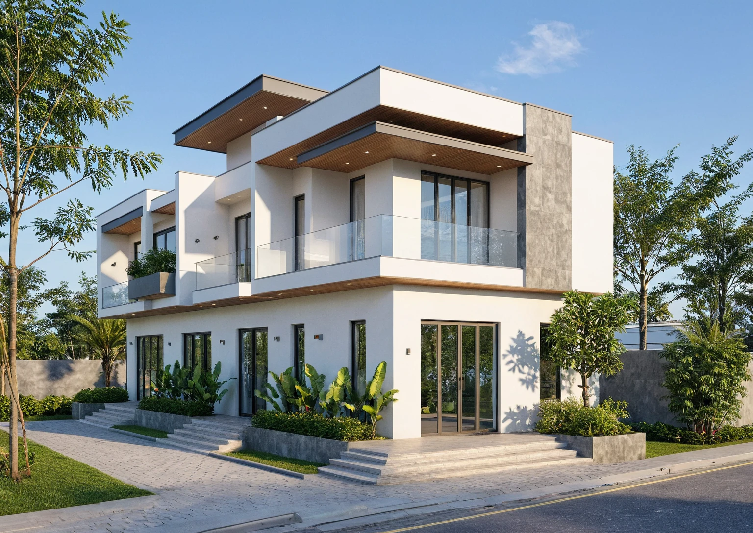 Masterpiece, high quality, best quality, authentic, super detail, outdoors, onestoreyvillaXL, aiaigroup, SDXL, house style modern on the street ,stairs, white wall ,road,pavement, grass, trees, sky, cloud, (daylight:1.1)
