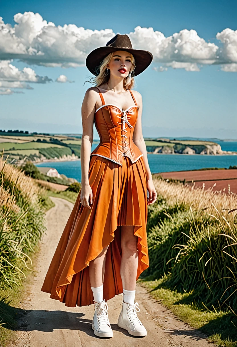 A photo of a woman model. Wearing an orange outfit. Medieval inspired. Orange dyed leather bustier corset. Full length, floaty skirt, pleated with layers. White trainers, exaggerated cowboy hat. Festival chic. Photo is outside, sunny day, countryside coastal background