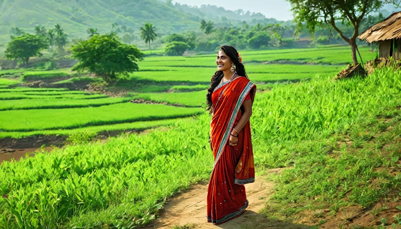Create a digital artwork of a beautiful and kind Indian woman in a rural region. The scene should capture her warmth and grace, depicting her in traditional attire amidst a serene countryside backdrop. Include elements such as lush green fields, rustic homes, and traditional Indian decor to enhance the authenticity of the rural setting. Her expression should convey kindness and wisdom, reflecting the nurturing spirit often associated with Indian culture.