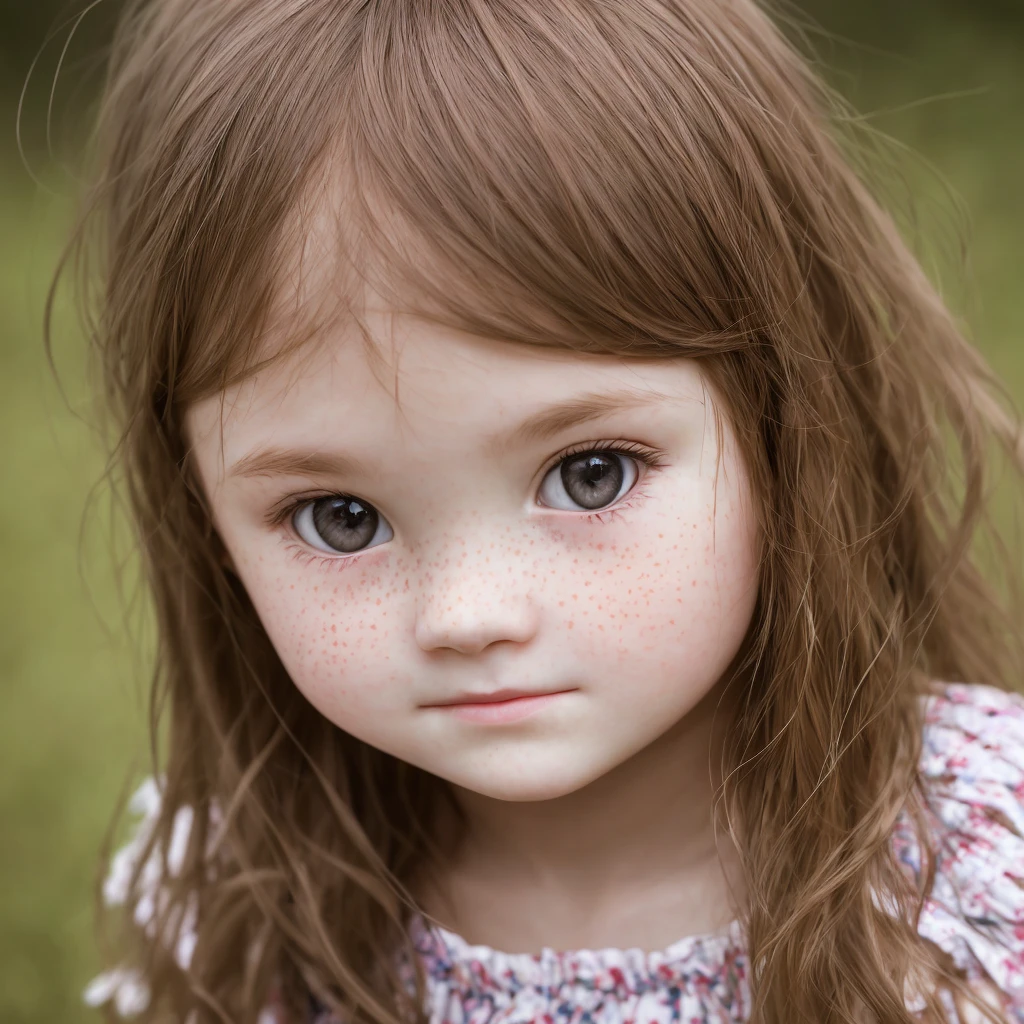 A portrait of a cute 18-year-old girl who looks both cute and gorgeous with an innocent expression. She has freckles, small lips, and big, expressive eyes. Her hair is long, framing her face perfectly. Her complexion is soft and glowing, enhancing her youthful and innocent look. The background is softly blurred to keep the focus on her charming features.