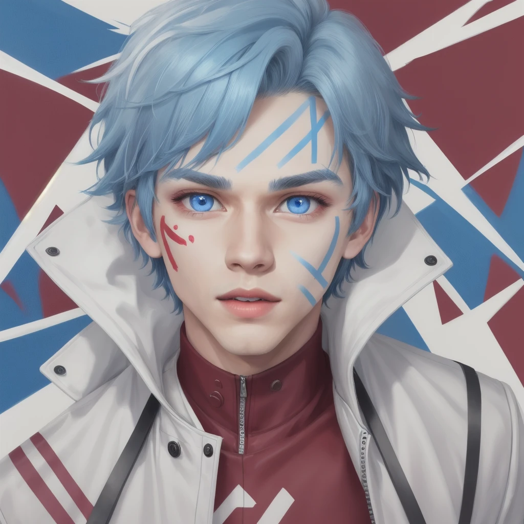 realistic, mature, solo, 1boy, male focus, blue eyes, blue hair, maroon background, light skinned male, red and white face paint, looking at viewer, lips, white jacket, high definition, 8k, animated, vibrant color, bright, hdr