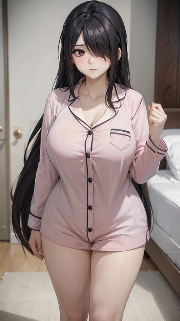 1girl,perfect ,black hair, long hair, (hair over one eye:1.4), messy hair, hair between eyes, plump chubby,fat, busty breast, cute motif pajama, cute shy blush on , bedroom 