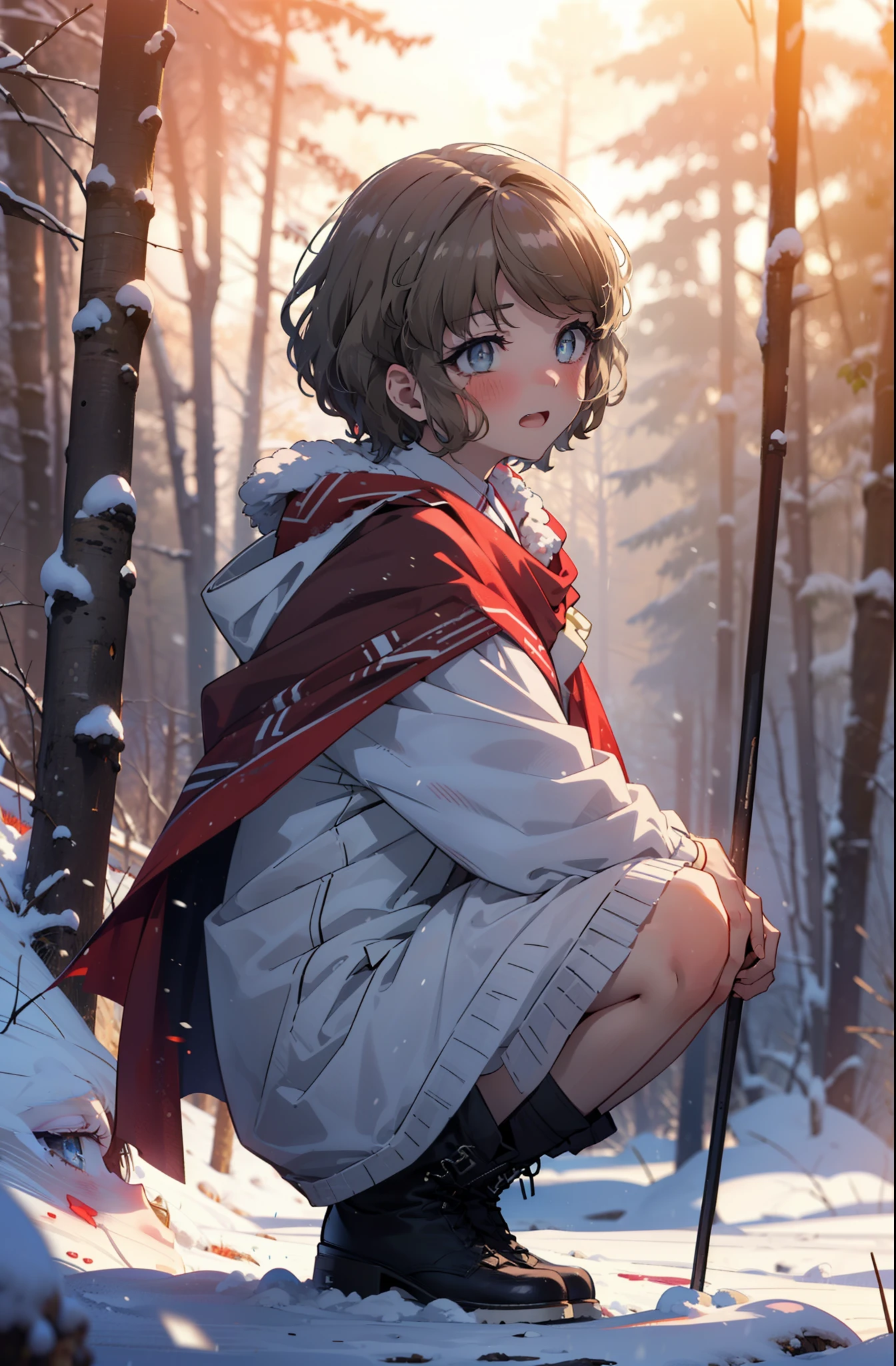 tomoekoga, Chie Koga, short hair, Brown Hair, blue eyes, hair band,smile,blush,White Breath,Mid-chest,
Open your mouth,snow,Ground bonfire, Outdoor, boots, snowing, From the side, wood, suitcase, Cape, Blurred, having meal, forest, White handbag, nature, Squat, Mouth closed, Cape, winter, Written boundary depth, Black shoes, red Cape break looking at viewer, Upper Body, whole body, break Outdoor, forest, nature, break (masterpiece:1.2), highest quality, High resolution, unity 8k wallpaper, (shape:0.8), (Beautiful and beautiful eyes:1.6), Highly detailed face, Perfect lighting, Highly detailed CG, (Perfect hands, Perfect Anatomy),