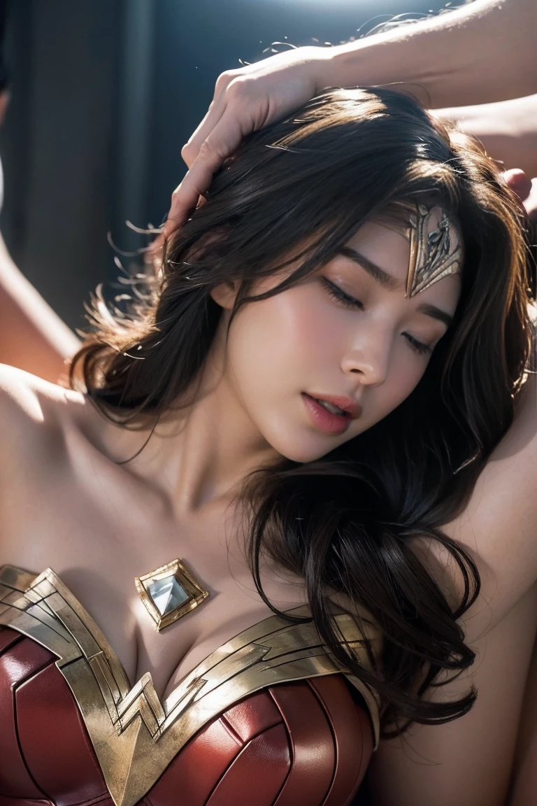 私はWonder Womanです、完璧なWonder Womanの衣装,押しDefeated,Defeated,A man mounts me,Face grabbed、Hug from the front,Hugged,Being strangled,You can hold it,Men lick my face with their tongues,The guys lick my head with their tongues,Men lick my hair with their tongues,My body is licked by men,sleeping face,Close ~ eyes,Open your mouth,Tired face,Face of Suffering,Being slapped in the face,Getting punched in the face,Fighting with men,Fight with the men,Surrounded by men,,Caught between the men,Being held back by men,Entanglement with males, Attacked by men,Brown Hair,  masterpiece、beautiful girl、fine 目、puffy eyes、highest quality, 超High resolution, (reality: 1.4), Cinema Lighting,so beautiful、Beautiful Skin、(超reality的な)、(High resolution)、(8k)、(Very detailed)、(beautiful and fine 目)、(Very detailed)、 Detailed face、Diagonal bangle hair、Brown Hair、20-year-old、Wonder Womanのコスプレ，Wonder Woman