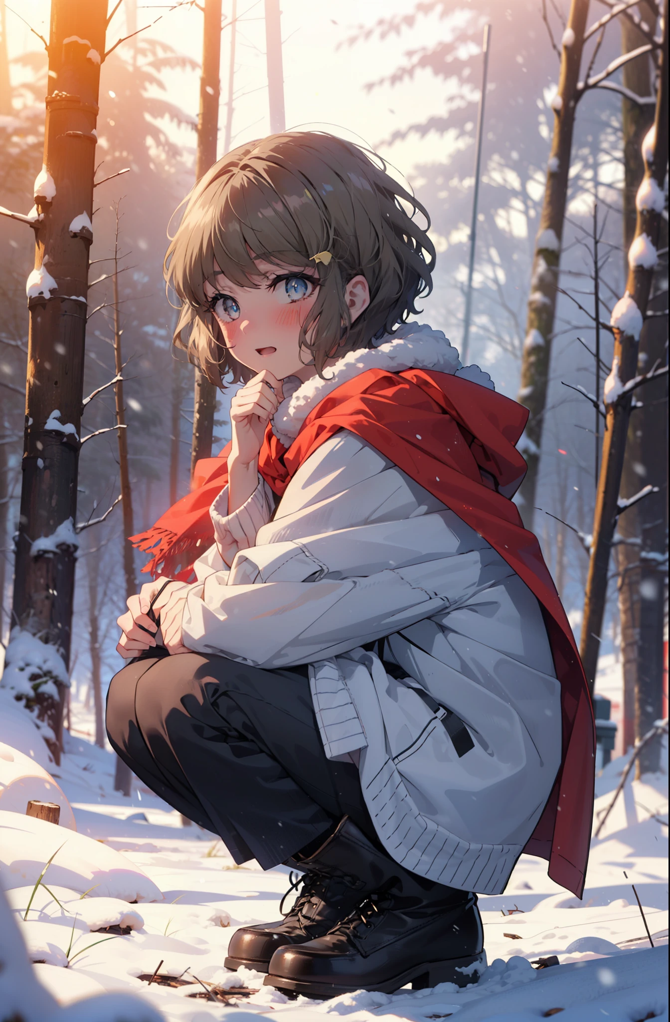 tomoekoga, Chie Koga, short hair, Brown Hair, blue eyes, hair band,smile,blush,White Breath,Mid-chest,
Open your mouth,snow,Ground bonfire, Outdoor, boots, snowing, From the side, wood, suitcase, Cape, Blurred, having meal, forest, White handbag, nature,  Squat, Mouth closed, Cape, winter, Written boundary depth, Black shoes, red Cape break looking at viewer, Upper Body, whole body, break Outdoor, forest, nature, break (masterpiece:1.2), highest quality, High resolution, unity 8k wallpaper, (shape:0.8), (Beautiful and beautiful eyes:1.6), Highly detailed face, Perfect lighting, Highly detailed CG, (Perfect hands, Perfect Anatomy),