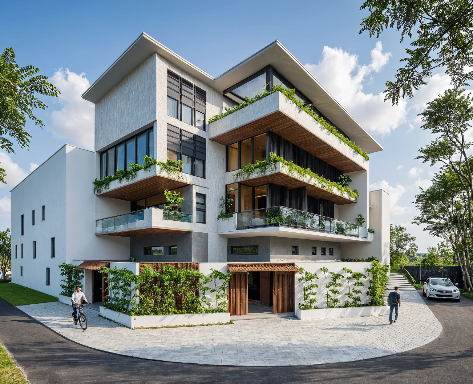 Masterpiece, high quality, best quality, authentic, super detail, outdoors, onestoreyofficeXL, aiaigroup, villa style modern on the garden ,stairs, white wall , road,pavement, grass, trees, sky, cloud, (daylight:1.1), random style color exterior
