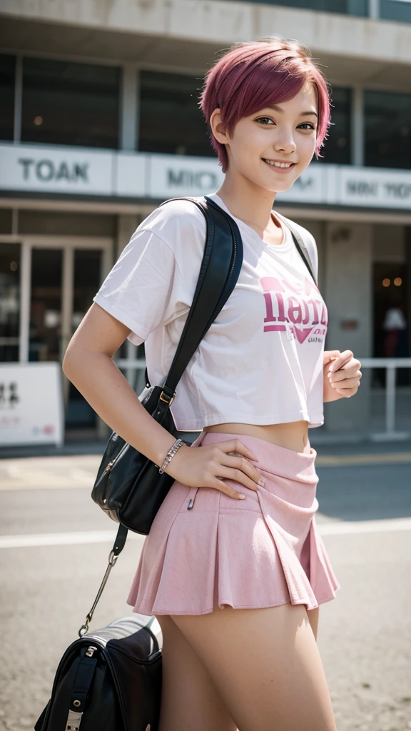 masterpiece, 最high quality, 18 year old girl,Pink Hair ,short hair,alone, ,Facing forward,smile,Smile,high quality,mini skirt,horse riding