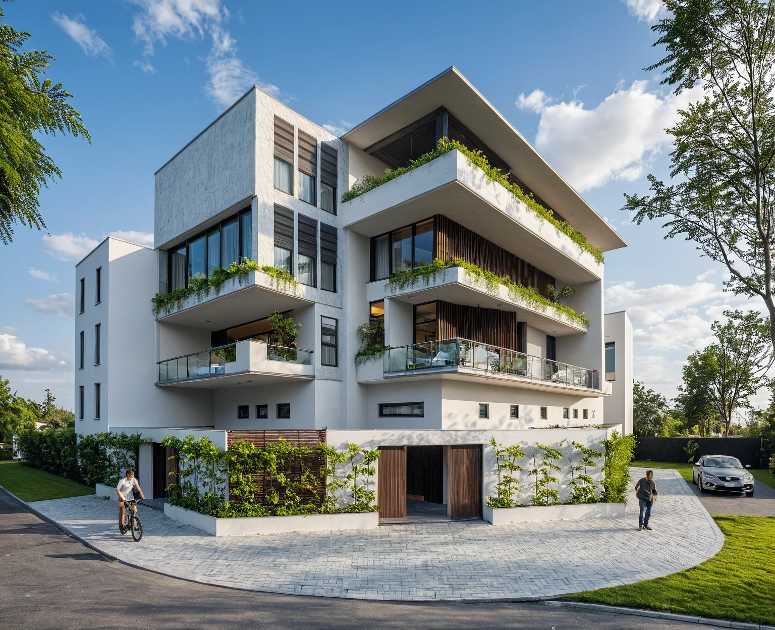 Masterpiece, high quality, best quality, authentic, super detail, outdoors, onestoreyvillaXL, aiaigroup, house style modern on the street ,stairs, white wall ,road,pavement, grass, trees, sky, cloud, (daylight:1.1)