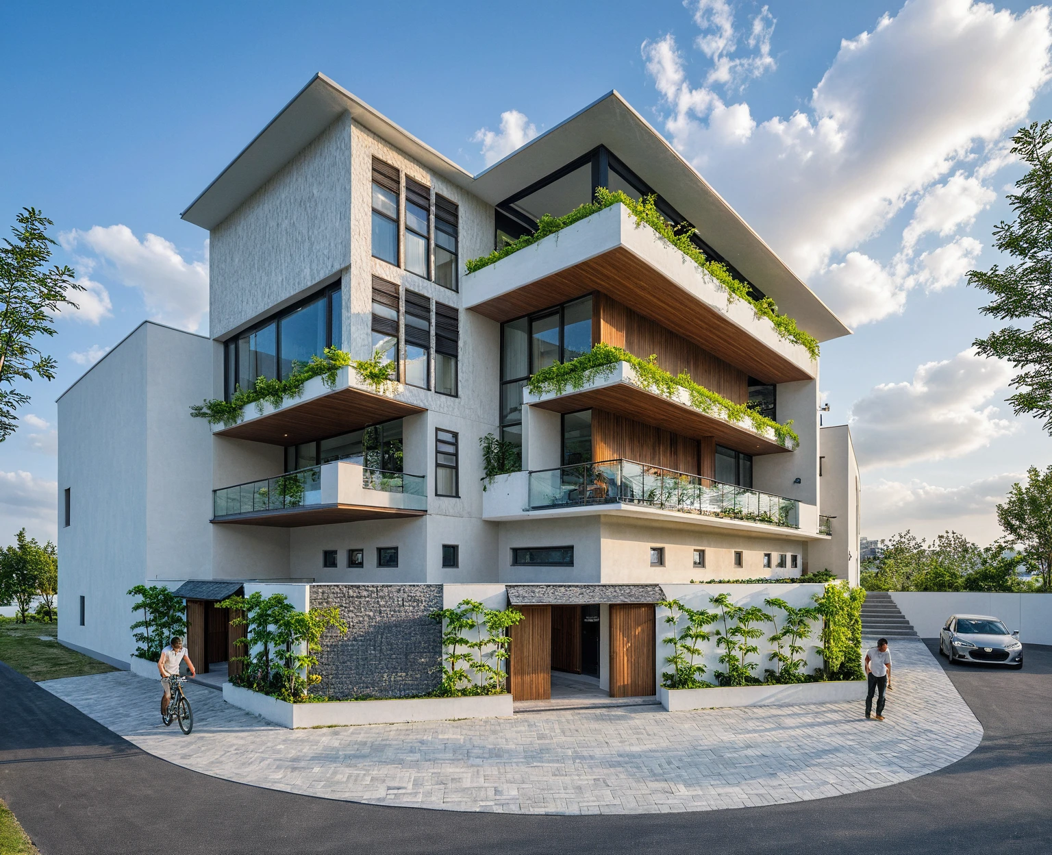 Masterpiece, high quality, best quality, authentic, super detail, outdoors, onestoreyvillaXL, aiaigroup, house style modern on the street ,stairs, white wall ,road,pavement, grass, trees, sky, cloud, (daylight:1.1)