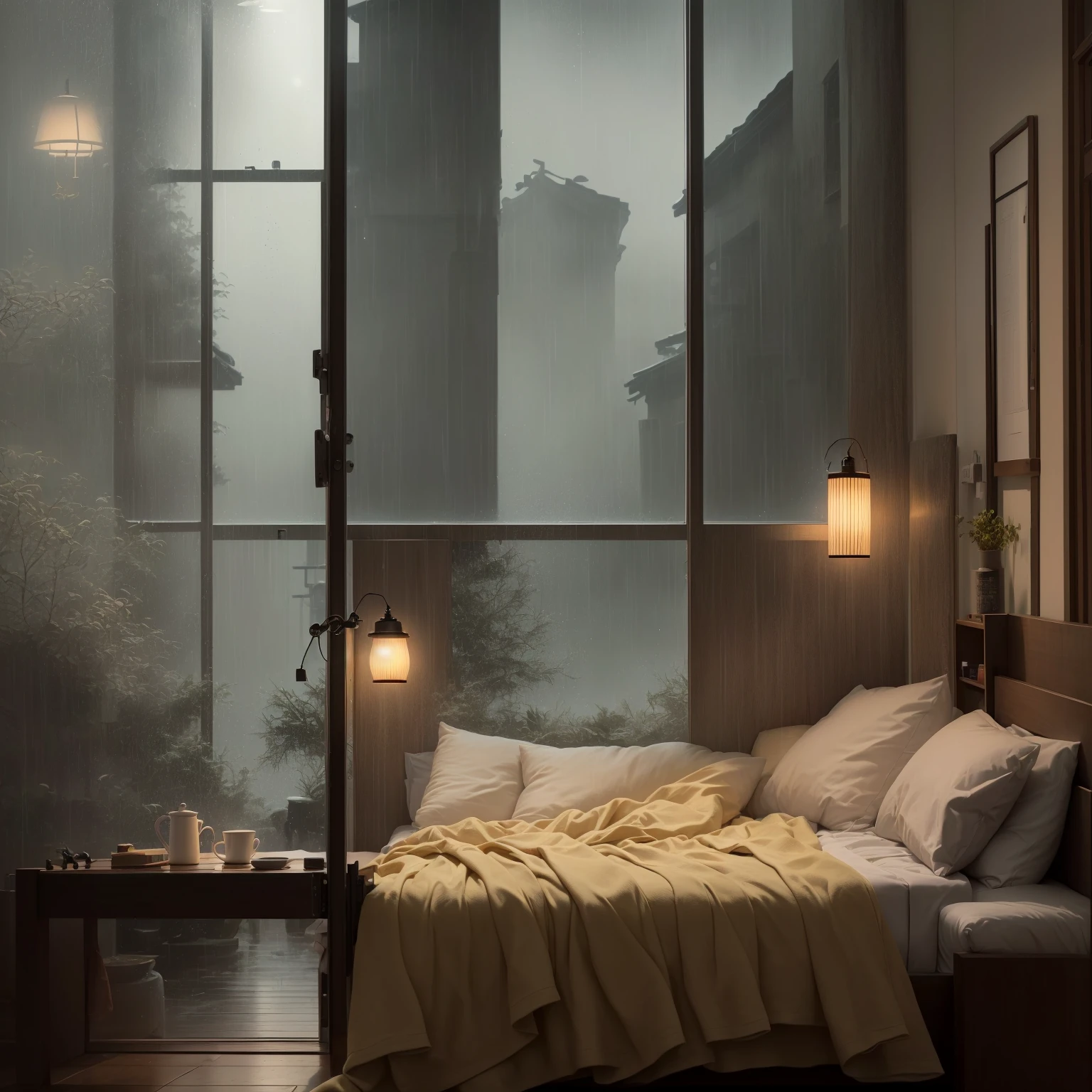 There is a bed in the room，There is a blanket and a lamp on it, Rain aesthetics, rain天 outside, It&#39;s raining outside the window, Rainy afternoon, Rainy Scene, rain, rain天. Game Rendering, 外面rain, The weather is gloomy. Surrealism, It&#39;s raining outside, rain天的心情, inside on a rain天, rain了, it is It&#39;s raining outside the window, ultra-realistic picture