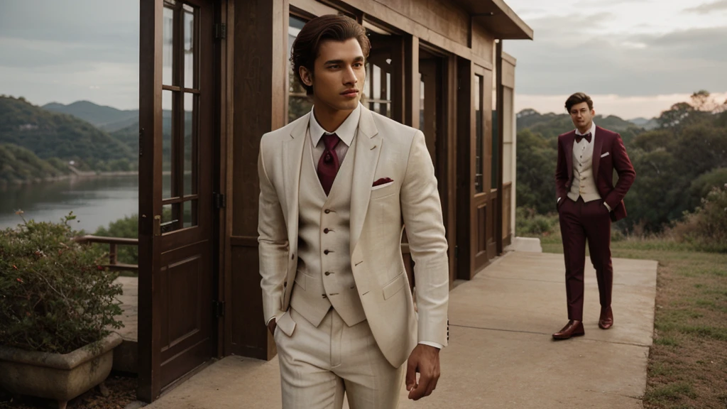 Ivory linen blazer , cotton maroon pants tuxedo 3 piece suit , side full pose of male model , holding a bazoka , cinematic bright lighting, beautiful scenic