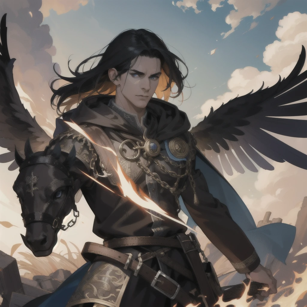 (absurdres, highres, ultra detailed), 1 male, mature, manly, tall muscular, handsome, finely detailed eyes, intricate details, portrait, (bloody scars:0.7), looking down, solo, half shot, detailed background, (victorian theme:1.1), determined, battle cleric, hovering in air, bright clouds, floating scraps, fighting stance, color chain mail, divine smite, bright realistic lighting, burning village, hood, coat of arms, hair blowing in wind, black hair, wings at back,