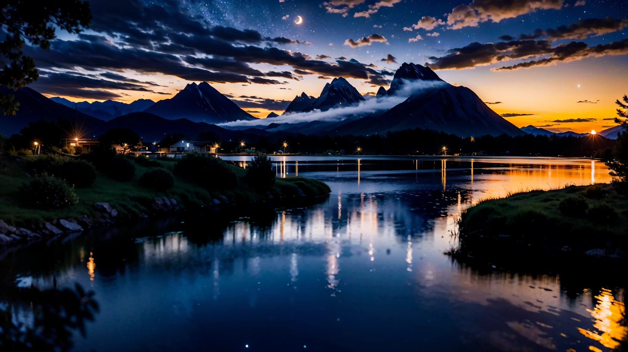 A very starry night. Huge moon behind the mountains. The quiet lake reflects the night. Cranes dance in the sunset. realistic scene, detailed, Photorealism, 8k