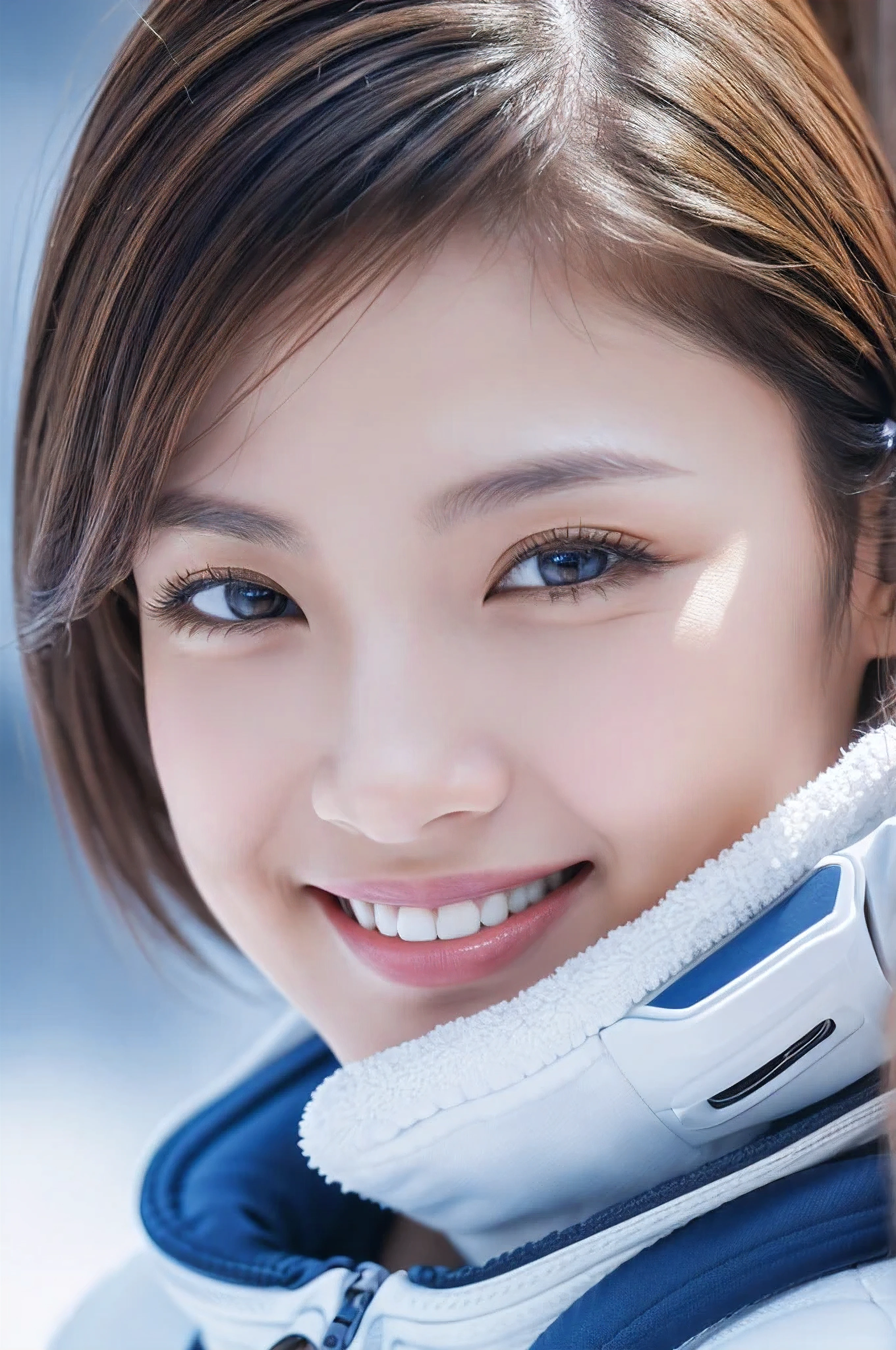 highest quality、masterpiece、超A high resolution、(Realistic:1.4)、Beautiful woman1、Beautiful eye and skin details、smile、Light brown short cut、The perfect space suit、Spaceship、Space、ice&Snow Planet、Cloudy grey sky