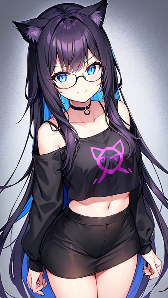 An 18-year-old cat girl with long black hair with purple ends, blue eyes, chest, and round-shaped glasses. (Black T shirt , black crop top shirt, Black off-the-shoulder shirt, Cat pattern in the middle of the shirt), short black skirt, black panties, standing, looking down, Smiling brightly