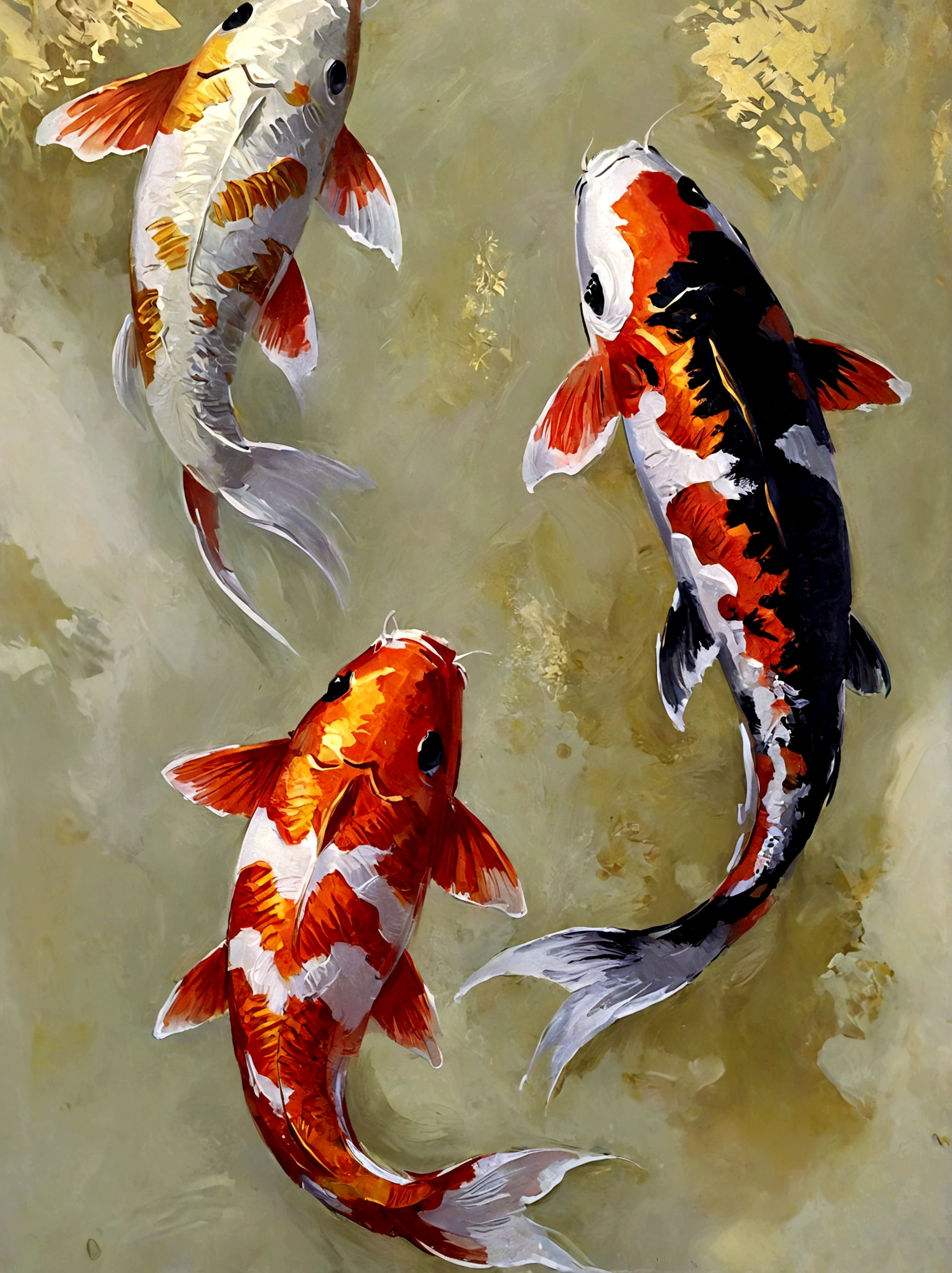 Two koi fish，Color portrait，vanilla，bright，Golden background，real，emotion，Thick textured paint, 