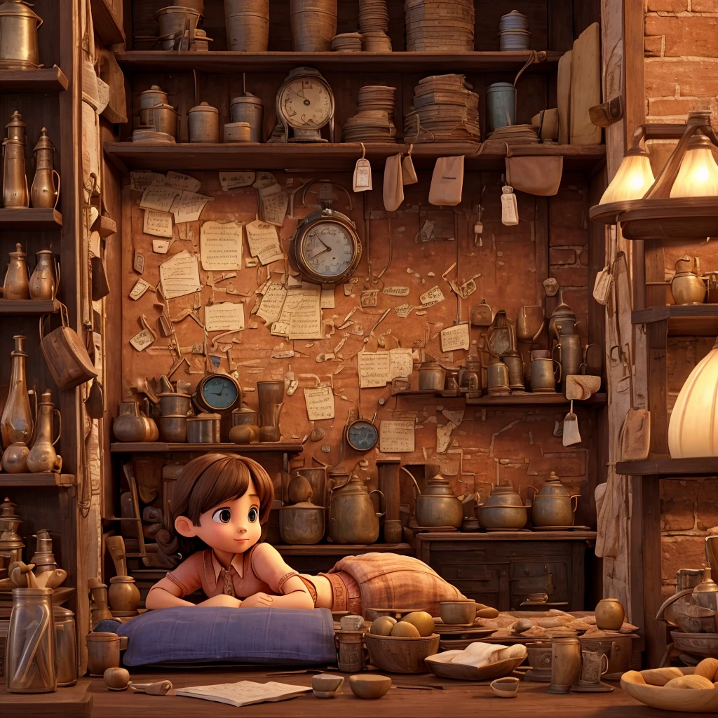 Impressive ultra-high resolution 3D scene, showing off a girl, 10 years old, Darling, looks straight into the camera, in an antique store. Beautifully drawn to the smallest detail, apparently, like an old watch on a chain in the background, lying on the shelf. There are dirty things in the background, antiques.Making a Dreamer, Magic effect. The general atmosphere is soft, Full of hope and calm