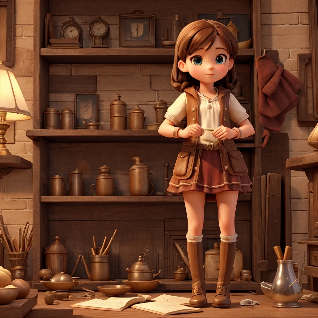 Impressive ultra-high resolution 3D scene, showing off a girl, 10 years old, Darling, looks straight into the camera, in an antique store. Beautifully drawn to the smallest detail, apparently, like an old watch on a chain in the background, lying on the shelf. There are dirty things in the background, antiques.Making a Dreamer, Magic effect. The general atmosphere is soft, Full of hope and calm