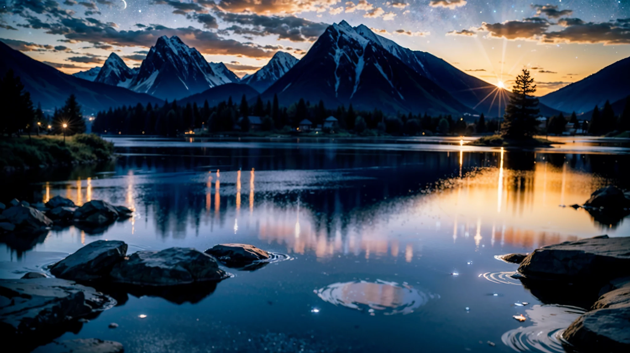 A very starry night. Huge moon behind the mountains. The quiet lake reflects the night. Cranes dance in the sunset. realistic scene, detailed, Photorealism, 8k