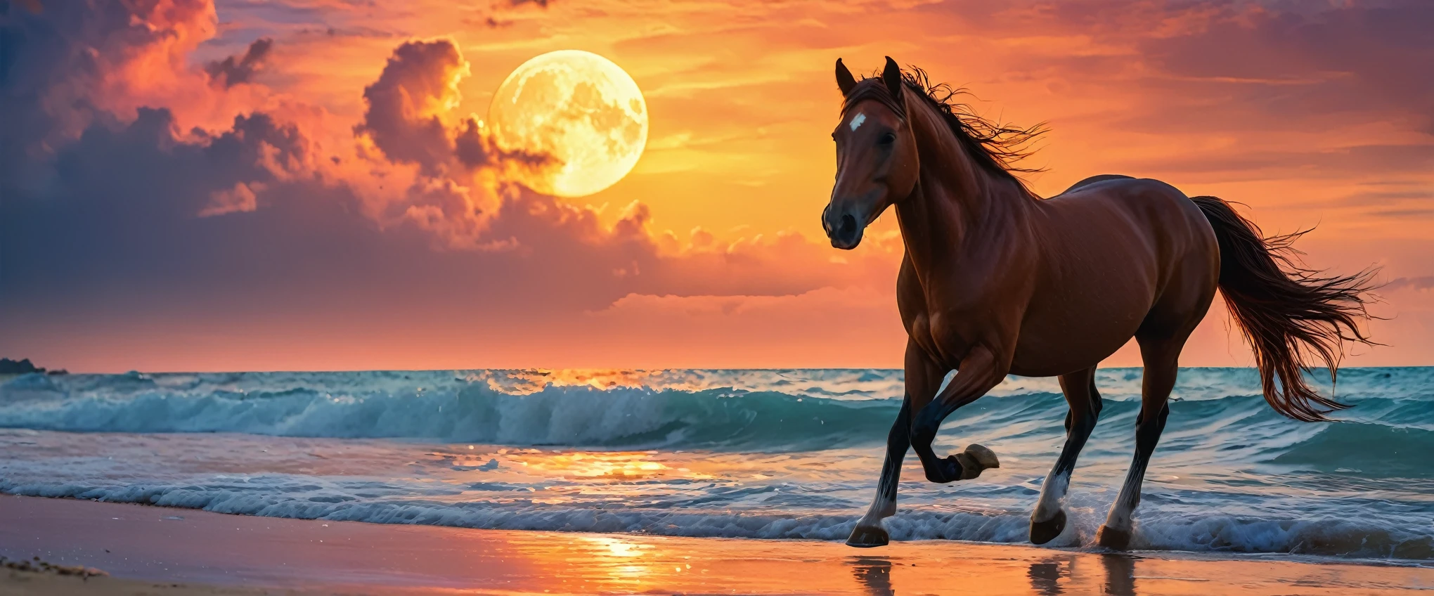 (best quality,4k,8k,highres,masterpiece:1.2),ultra-detailed,(realistic,photorealistic,photo-realistic:1.37),HDR,UHD,studio lighting,ultra-fine painting,sharp focus,physically-based rendering,extreme detail description,professional,vivid colors,landscape,photography,running horse,beautiful A beautiful 40 year old red head girl, high-ponytail Hairstyle, she is walking on the beach naked, she is smiling showing teeth, A beautiful tropical island, warm sunset, red clouds, golden reflexions on the sea,waves breaking on a reef, a small blue moon is above,
