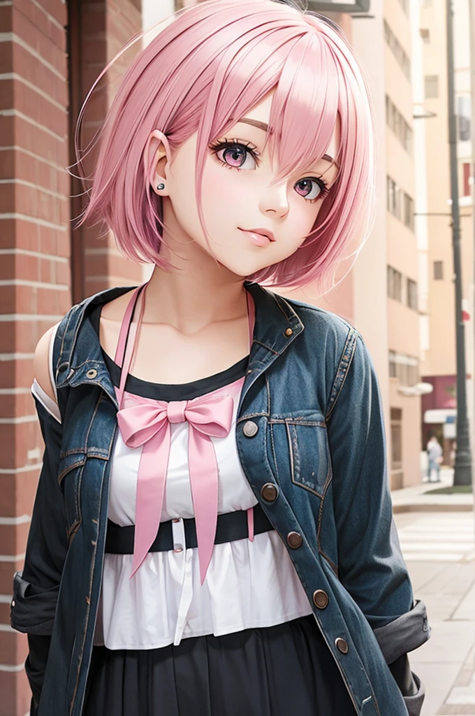 Pink Hair Bob Hair Black ribbon Stylish 20-year-old cute university student