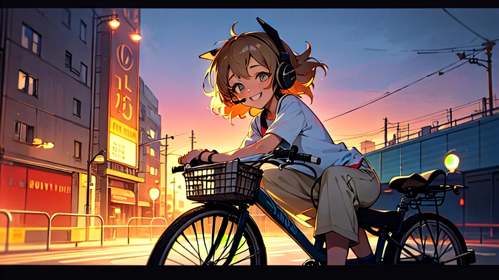 Relaxed girl listening to music with headset, smile, Detailed teeth, はにかんだsmile, Nostalgic vintage style animation, 80s city night view, bike