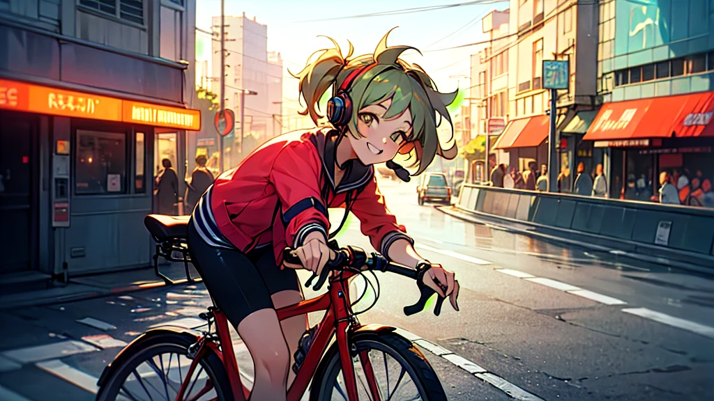 Relaxed girl listening to music with headset, smile, Detailed teeth, はにかんだsmile, Nostalgic vintage style animation, 80s city night view, bike