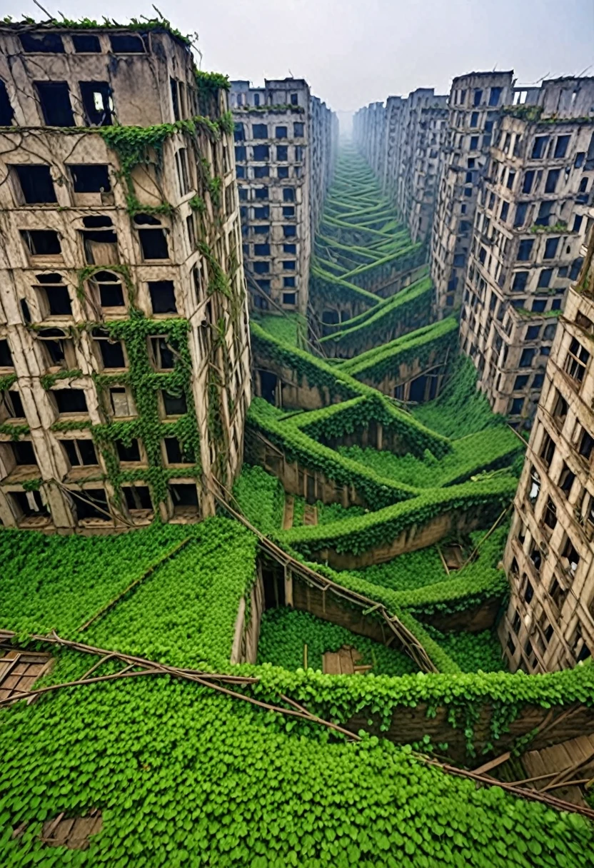 一个Abandoned urban sprawl,被大Natural reclamation所吞噬,Vines wind through broken buildings,与现在被地球开垦的人类Remnants of civilization形成鲜明对比。(((Abandoned urban sprawl)))(((Natural reclamation)))(((Meandering vines)))(((Remnants of civilization)))