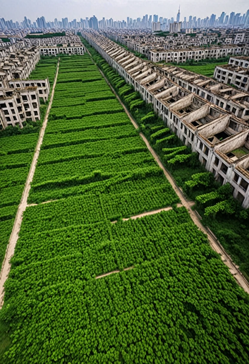 一个Abandoned urban sprawl,被大Natural reclamation所吞噬,Vines wind through broken buildings,与现在被地球开垦的人类Remnants of civilization形成鲜明对比。(((Abandoned urban sprawl)))(((Natural reclamation)))(((Meandering vines)))(((Remnants of civilization)))