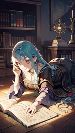 evil witch, ancient books, ancient scrolls, pastel iridescent effect, laughing, magic circle on the floor, dark dungeon
