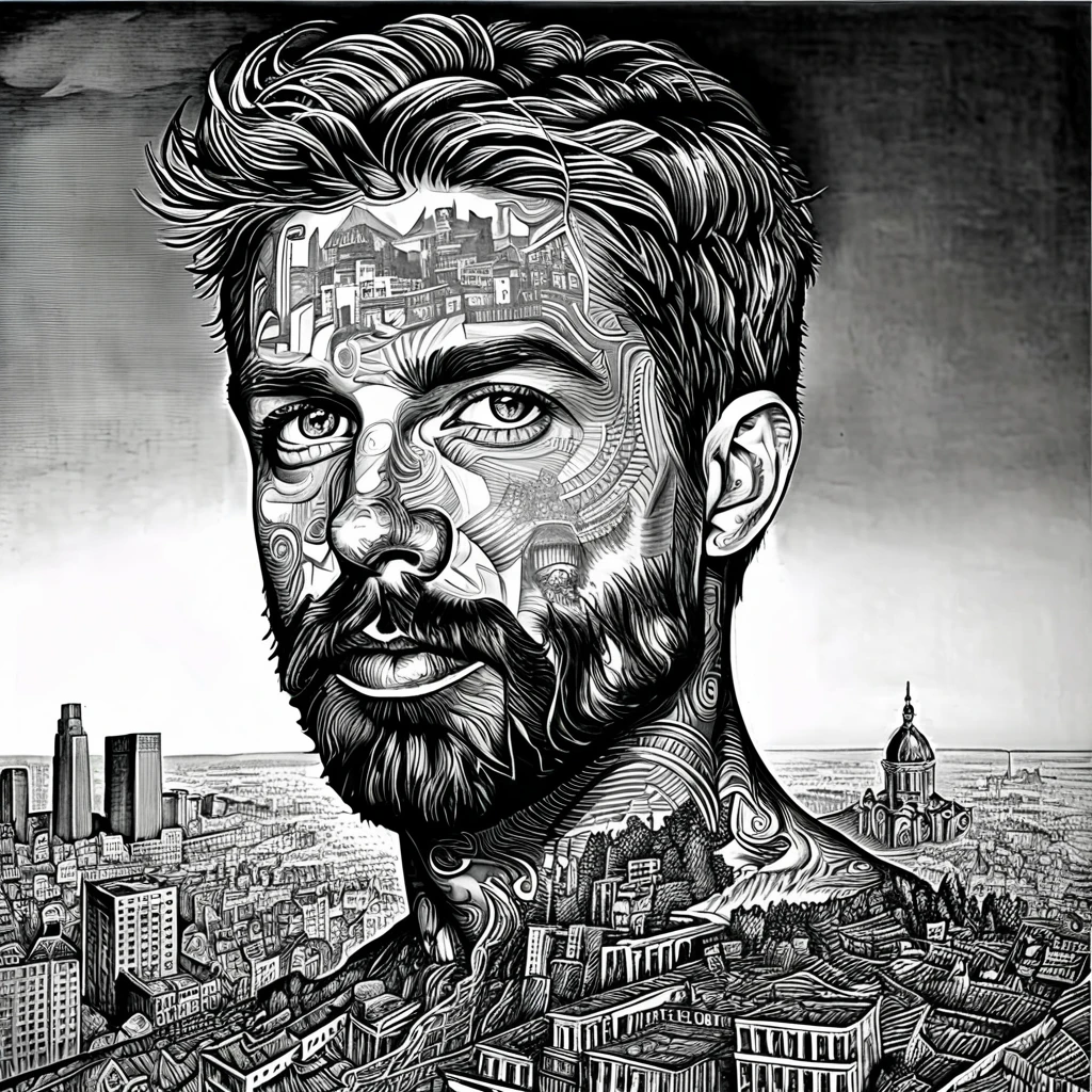 arafed drawing of a man with a beard and a city in the background, highly detailed surrealist art, insanely highly detailed artwork, exceedingly insanely intricate, stunning artwork, insanely detailed art, 4k. detailed drawing, extremely detailed portrait, surreal + highly detailed, surreal drawing, extremely detailed art, hyperrealism vrubel, insanely detailed face