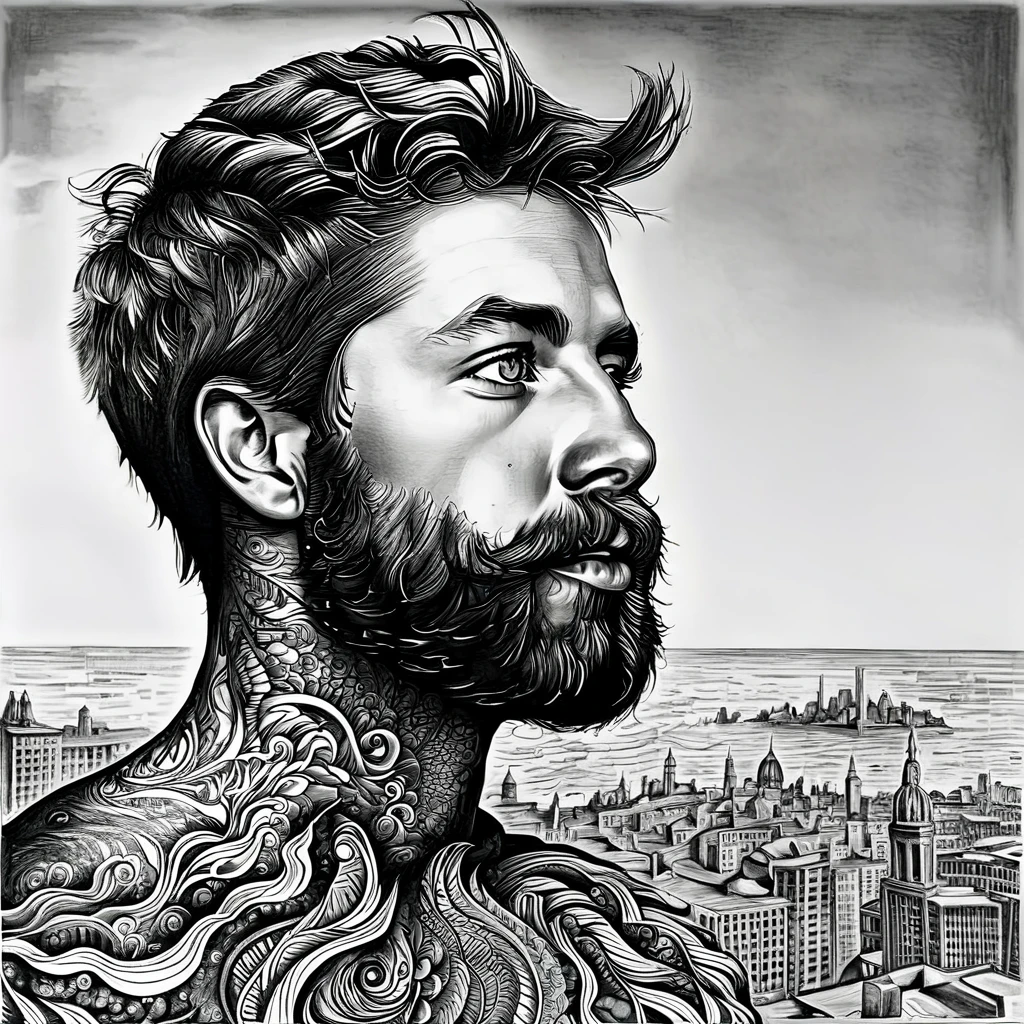 arafed drawing of a man with a beard and a city in the background, highly detailed surrealist art, insanely highly detailed artwork, exceedingly insanely intricate, stunning artwork, insanely detailed art, 4k. detailed drawing, extremely detailed portrait, surreal + highly detailed, surreal drawing, extremely detailed art, hyperrealism vrubel, insanely detailed face